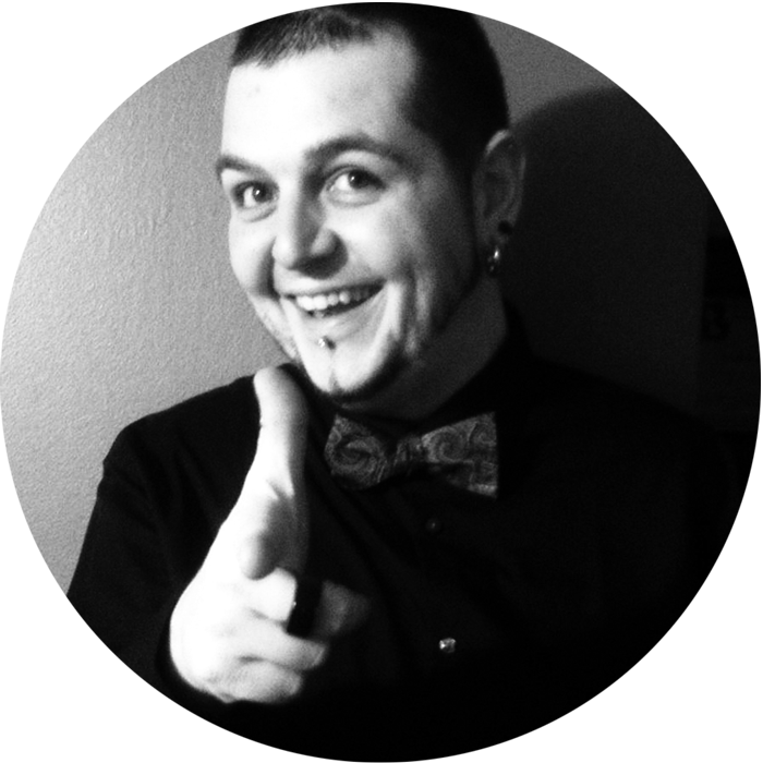 black and gray image Tyler Murin pointing at camera