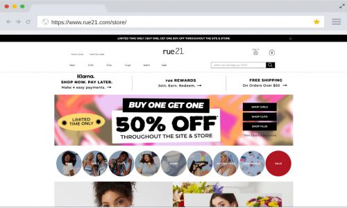 screen capture of rue21's website home page